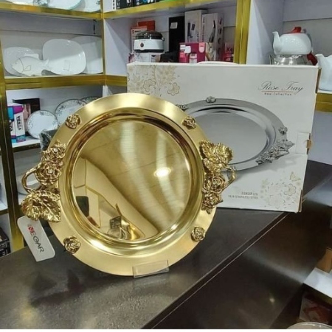 سینی استیل نگار گرد طلایی متوسط مدل رز (آهنربا نگیر)